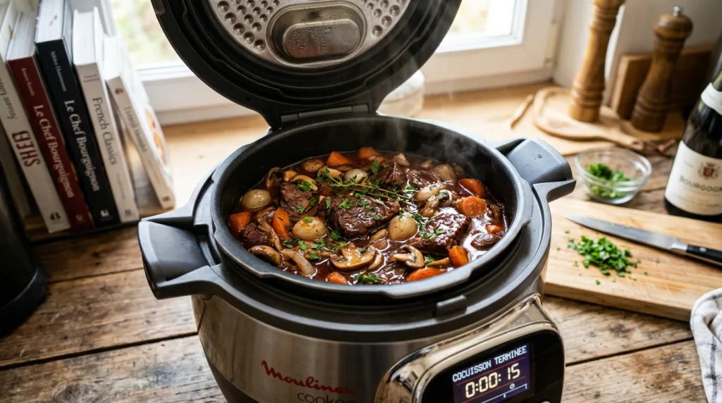 découvrez notre recette de boeuf bourguignon au cookeo, un plat savoureux prêt en seulement 35 minutes pour un repas rapide et gourmand.